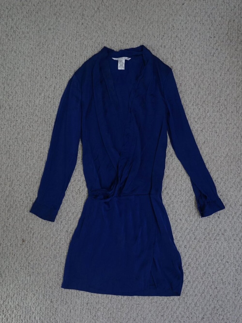Vintage Diane von Furstenburg Silk Cobalt Blue Deep V-Neck Drop Waist Long Sleev